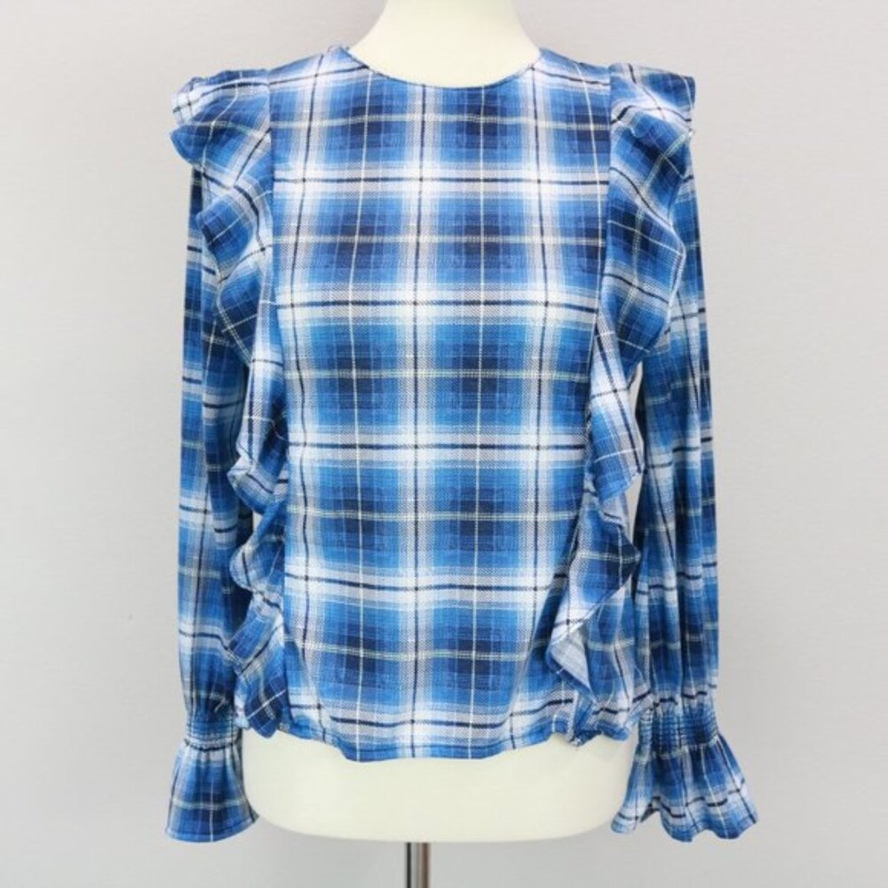 Rue21 Blue Plaid Ruffle Long Sleeve Flannel Top Smocked Cuffs Women's Juniors M